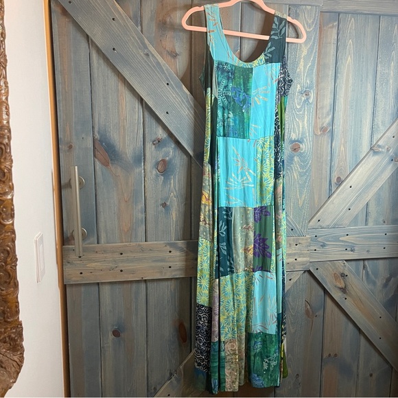 90s Hippie Blue Green Boho Maxi Sundress with Scoop Neck Size Small Rayon - Picture 2 of 9